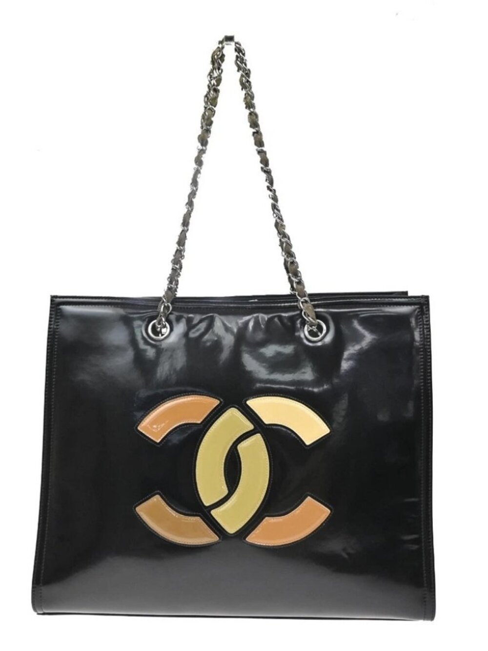 CHANEL CC Logo Matelasse Chain Shoulder Tote Bag Patent Leather Black 690RP263